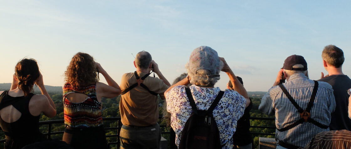 a row of people with binoculars looking up at the sky