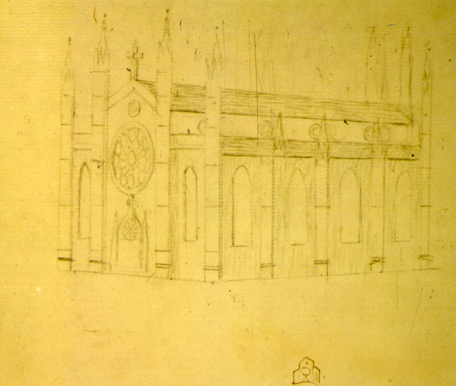 Pencil sketch of side view of small stone chapel with spires and windows on yellow paper