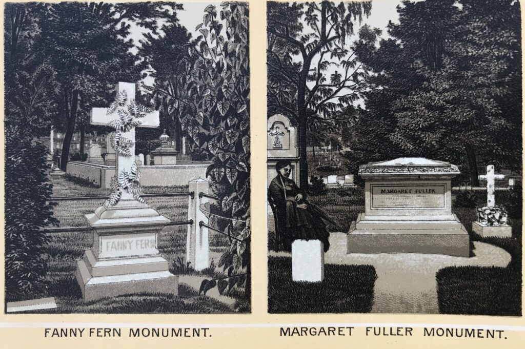 Two sepia images of memorials within a 19th-century forested cemetery landscape. The left features a marble cross monument with carved ferns enclosed by iron rails and plants. The right features a woman in mourning, hands crossed on her lap with a parasol, sitting at a monument with the name “Margaret Fuller.” Text below reads: “Fanny Fern Monument. Margaret Fuller Monument.”