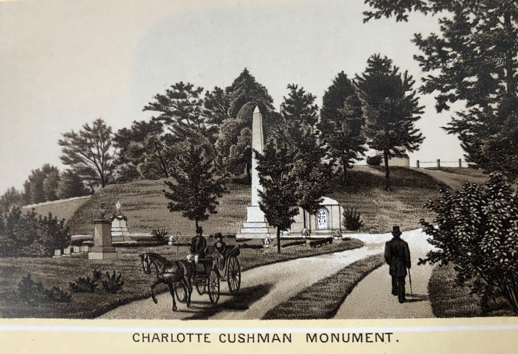 Sepia image of a 19th-century cemetery landscape and road with a horse and carriage, man in top hat and cane walking, deciduous trees, and large monuments set in grass.