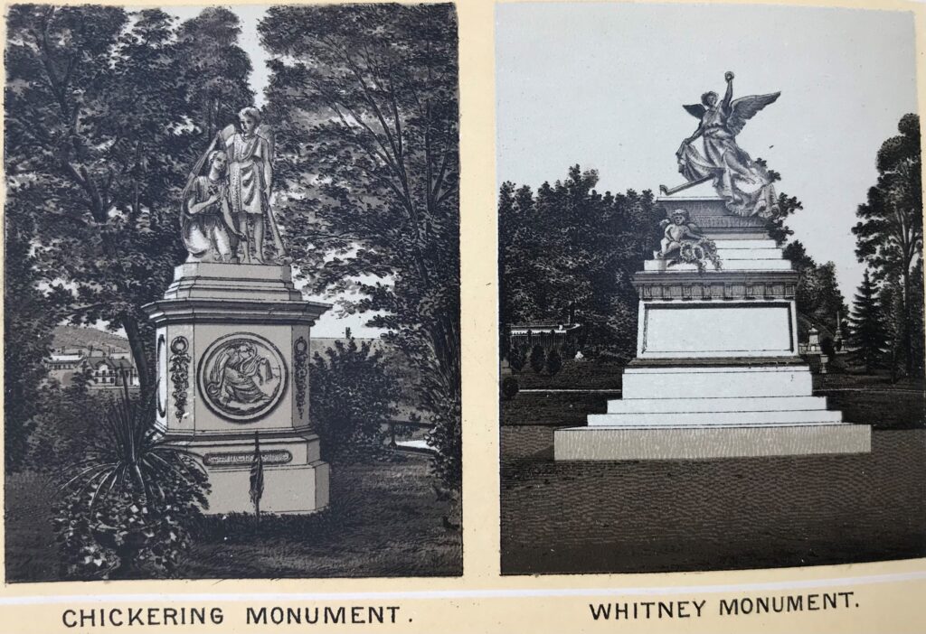 Two sepia images of large sculptural memorials on grass, surrounded by trees, and set within a 19th-century cemetery landscape. On the left is an ornamental pedestal topped with a sculpture of an angel and a kneeling woman. On the right is a large, raised sarcophagus topped with the sculpture os an angel, wings spread, holding a wreath to the sky as a small angel child sits below, holding wreaths. Text below reads: Chickering Monument. Whitney Monument.”