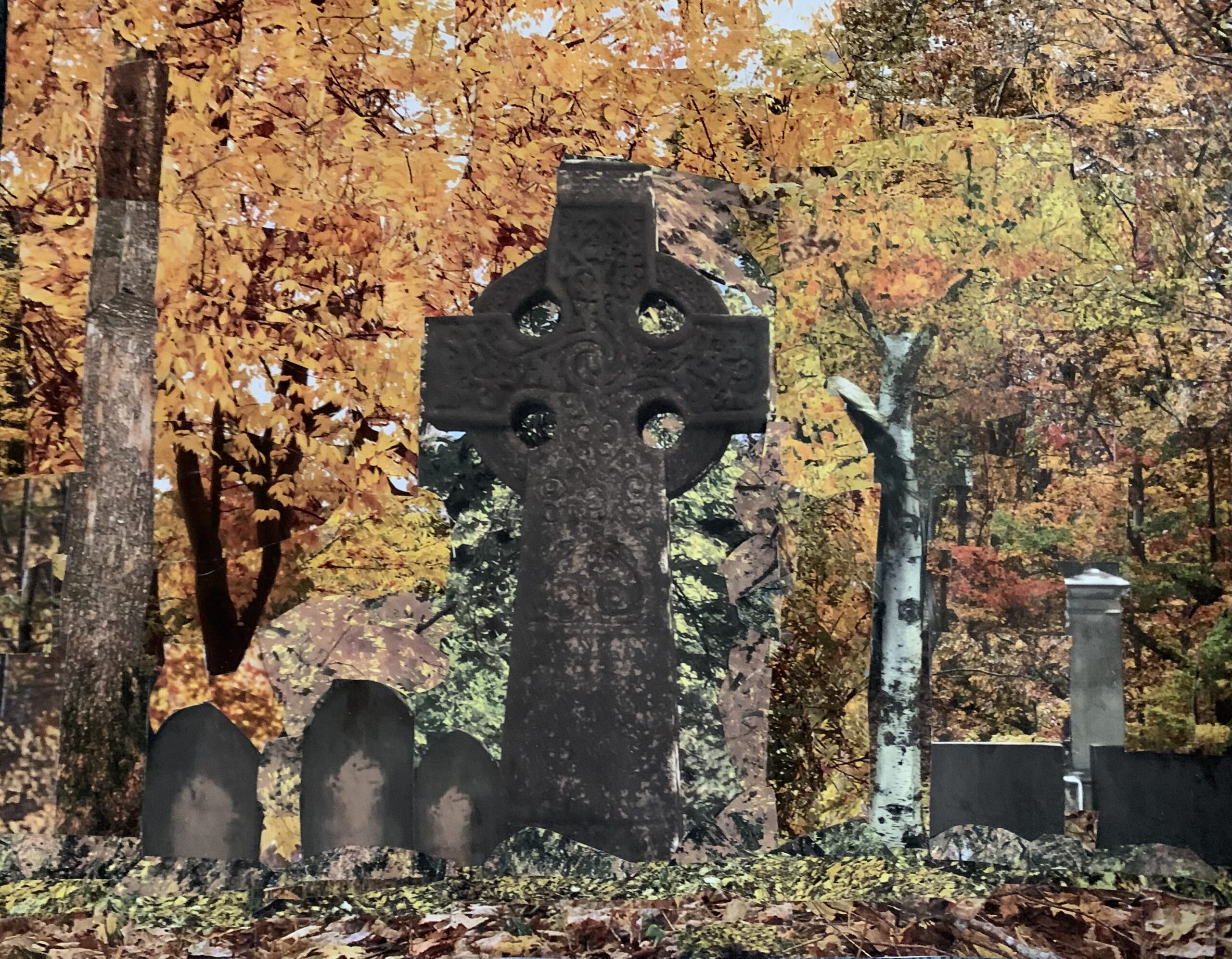 a collaged fall scene of fall foliage a large granite celtic cross