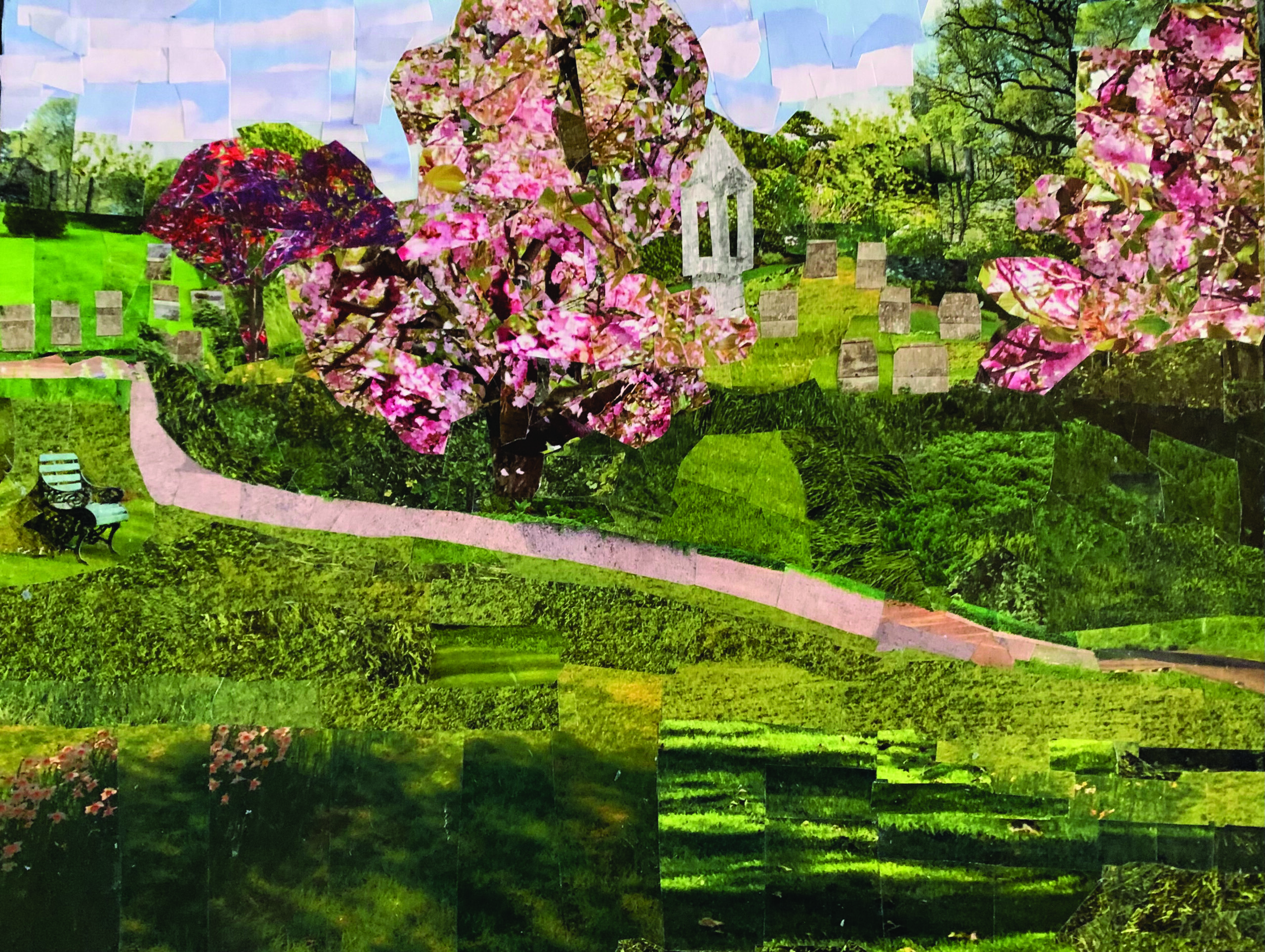 a collaged spring scene with lush grass, and trees in bloom