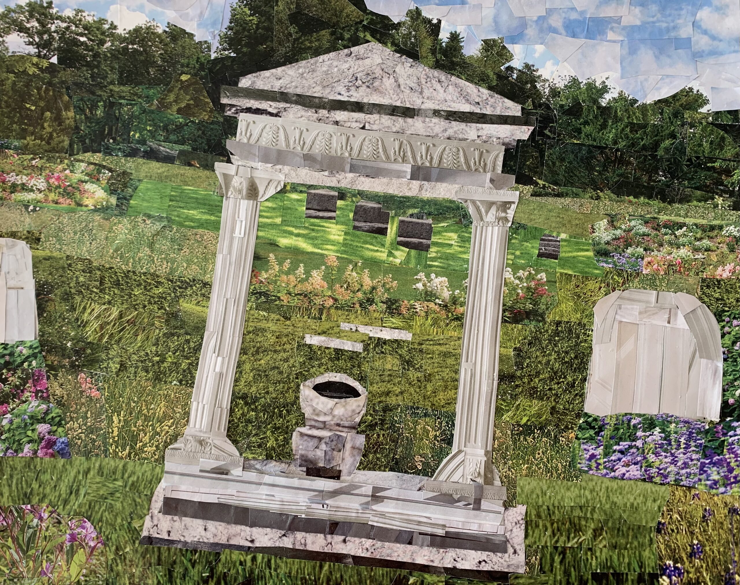 a collaged summer scene of a marble architectural monument in a field