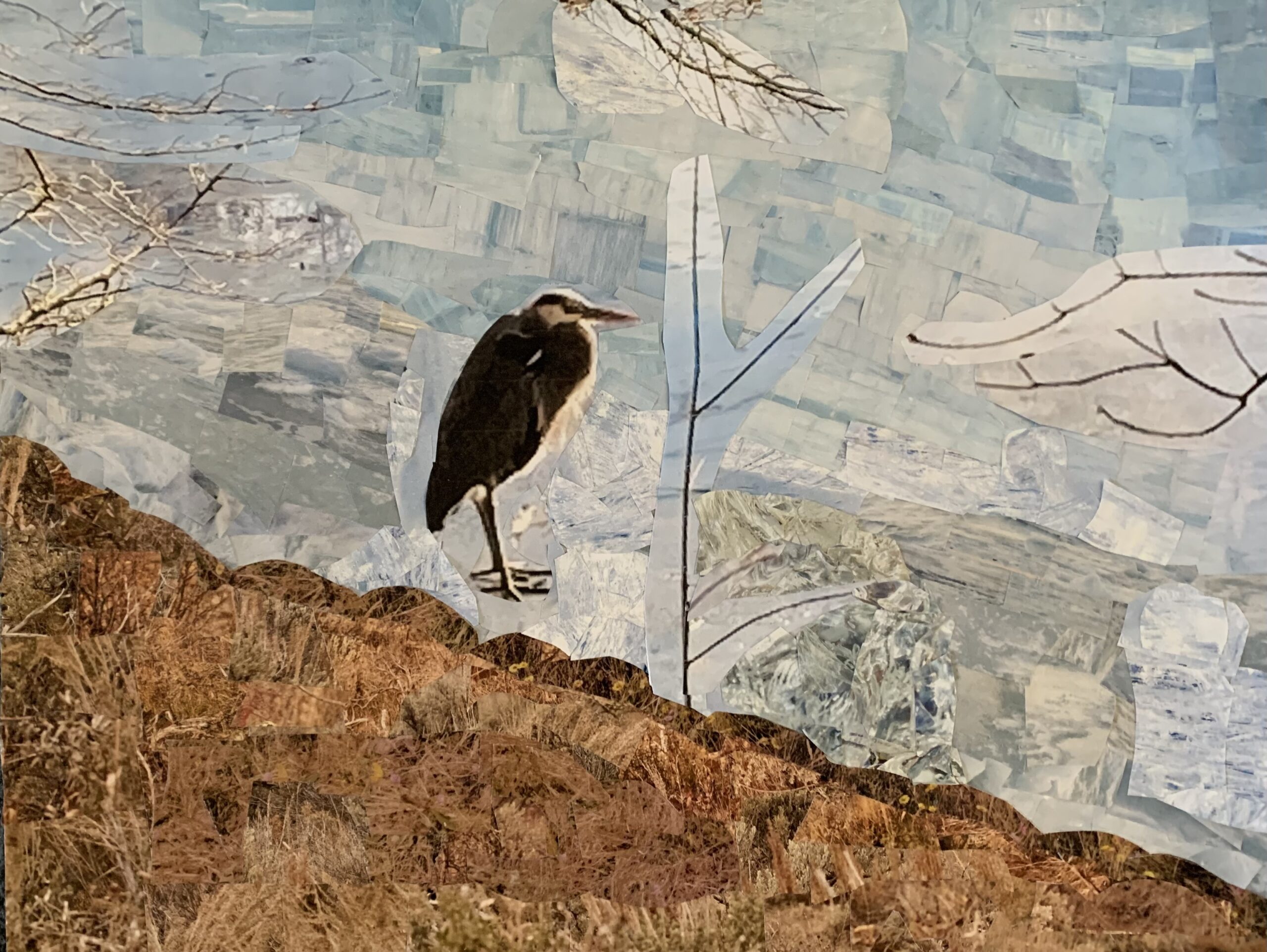 a collaged winter scene of a heron at the edge of a pond