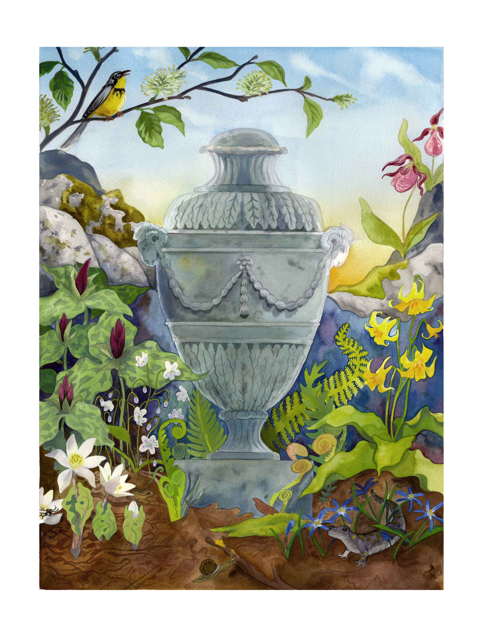 A granite urn in surrounded by spring Flora and Fauna